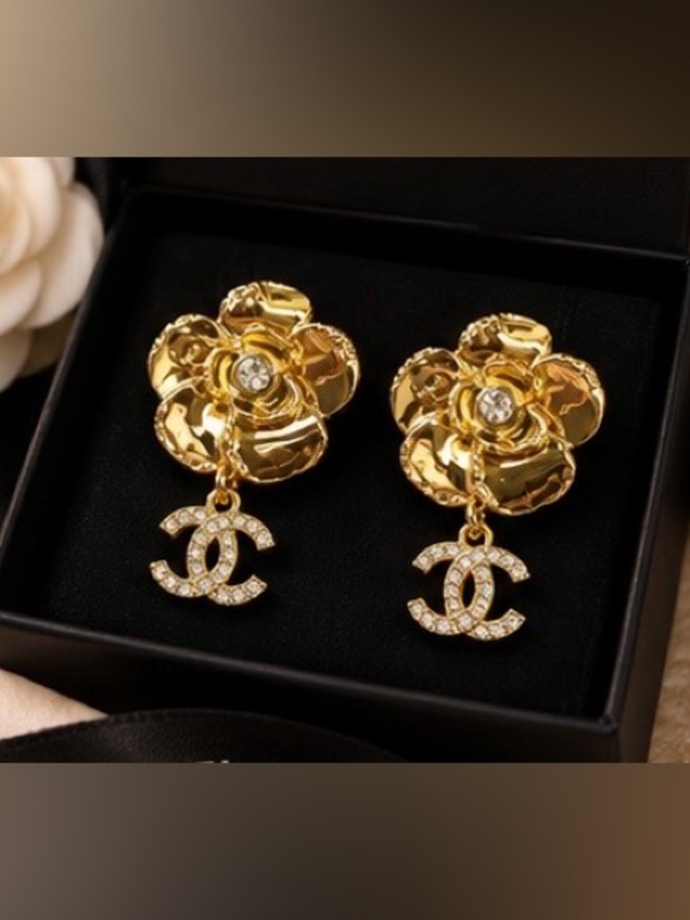Gold Tone Flower Drop Earrings Crystal CC Style Statement Dangle Earrings